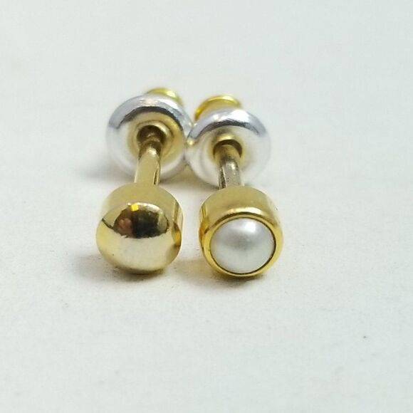 Vintage Two Gold Tone Stud Earrings, One with Faux Pearl Center, Small Minimal - Picture 1 of 5